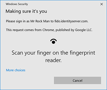 Windows Hello asking a user to use their fingerprint to authenticate into a website
