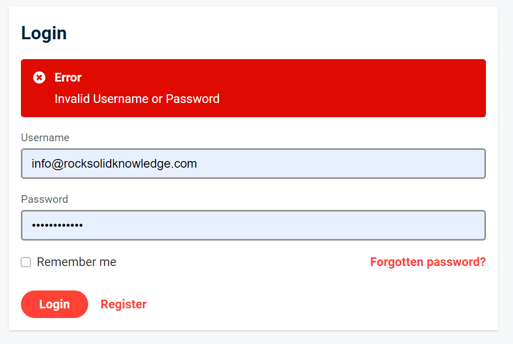 Invalid Username and Password